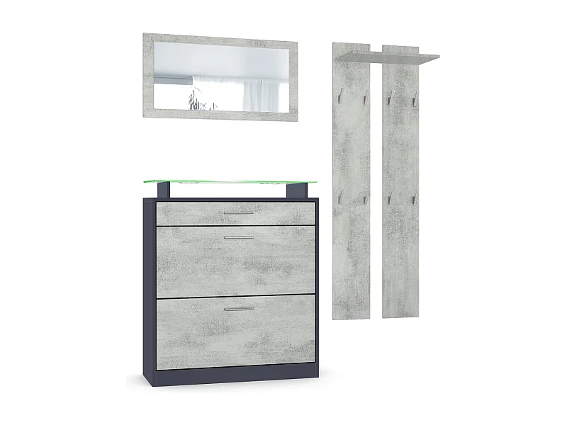 Loret Ensemble penderie, meuble à chaussures 89x104x23 cm avec miroir, 2 panneaux murales et éclairage LED, Anthracite mat & Aspect Béton Oxyde