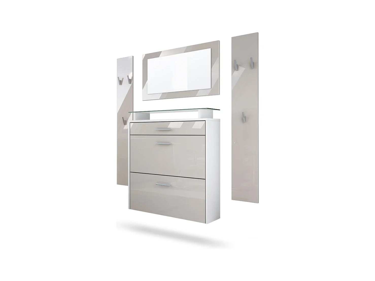 Penderie Malea, Meuble d’entrée comprenant 1 commode à chaussures murale, 1 miroir mural et 2 panneaux porte-manteaux, Blanc mat/Gris sable haute brillance