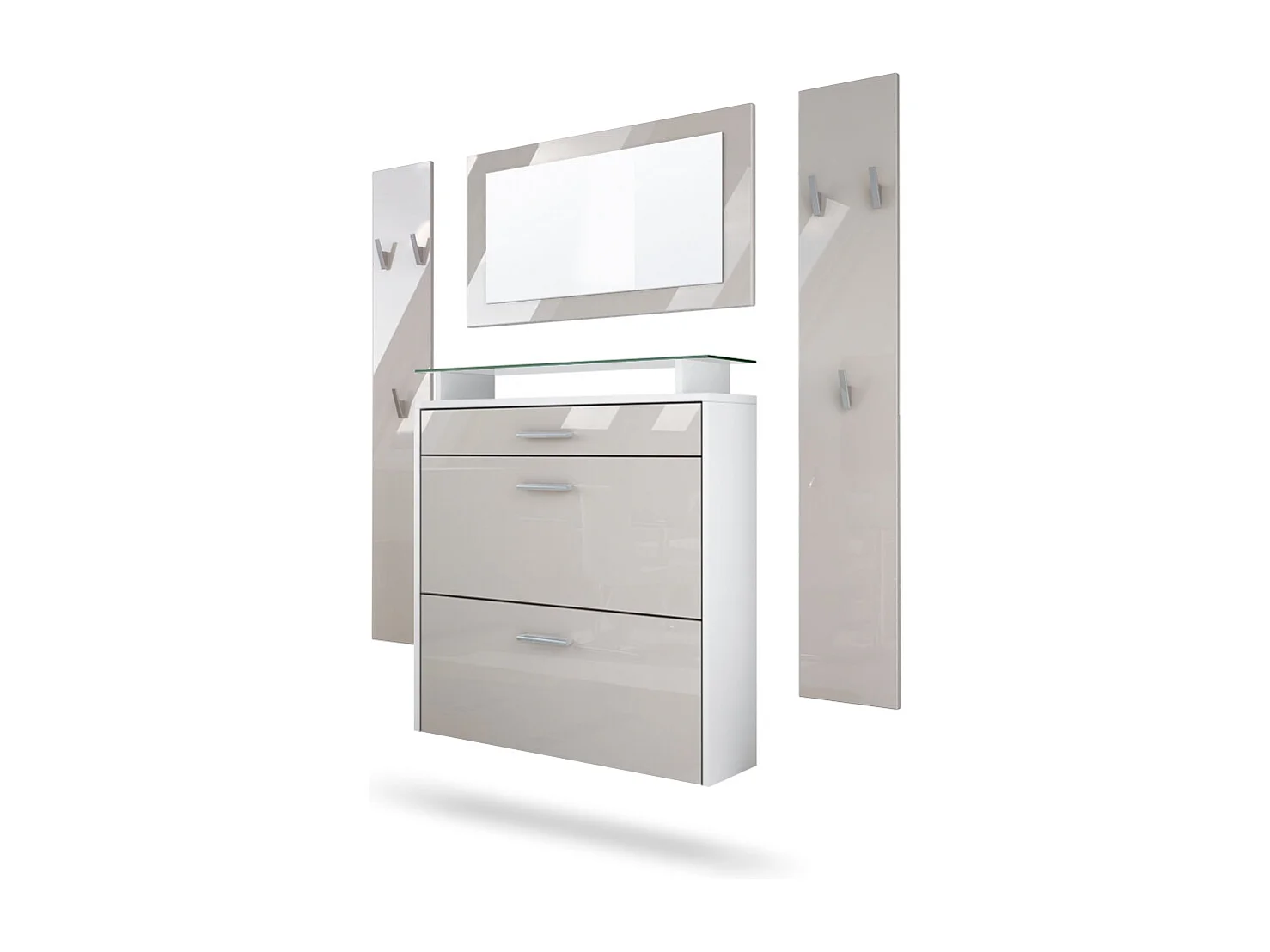 Penderie Malea, Meuble d’entrée comprenant 1 commode à chaussures murale, 1 miroir mural et 2 panneaux porte-manteaux, Blanc mat/Gris sable haute brillance