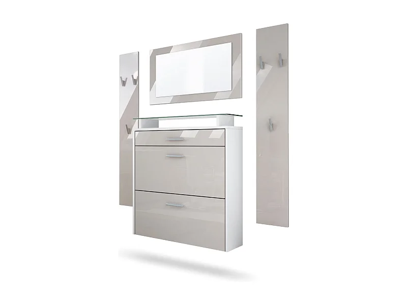 Set da corridoio  Malea, set da corridoio con 1 scarpiera a muro, 1 specchio a muro e 2 pannelli appendiabiti, bianco opaco/grigio sabbia lucido