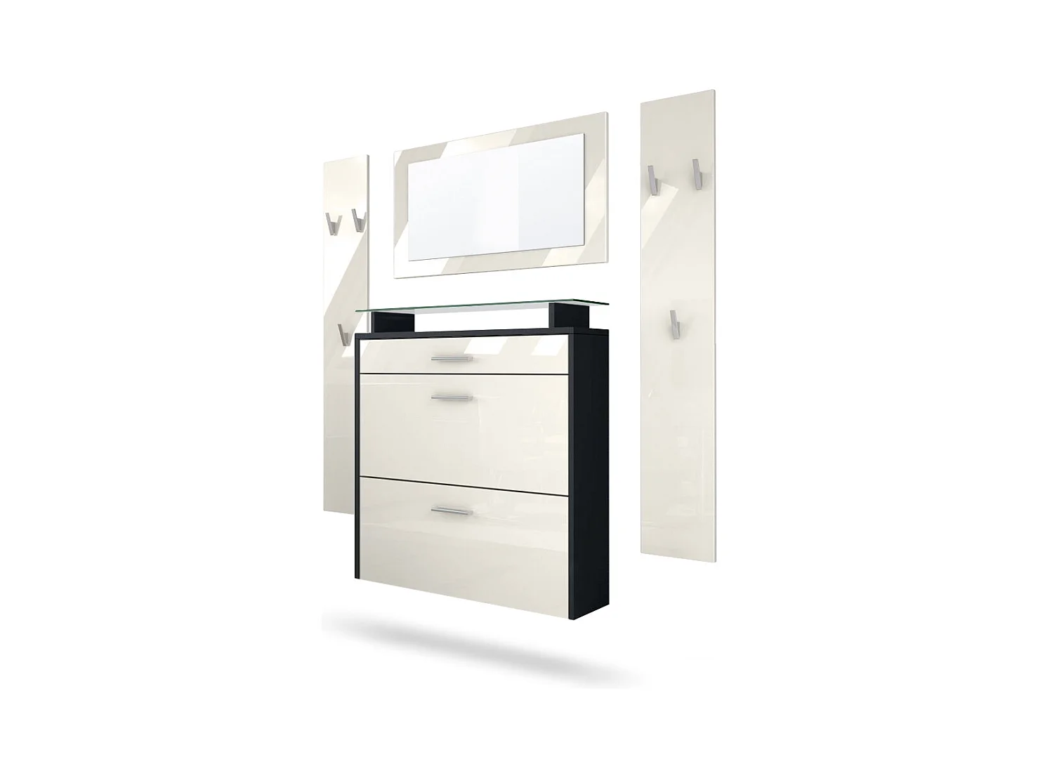 Penderie Malea, Meuble d’entrée comprenant 1 commode à chaussures murale, 1 miroir mural et 2 panneaux porte-manteaux, Noir mat/Crème haute brillance