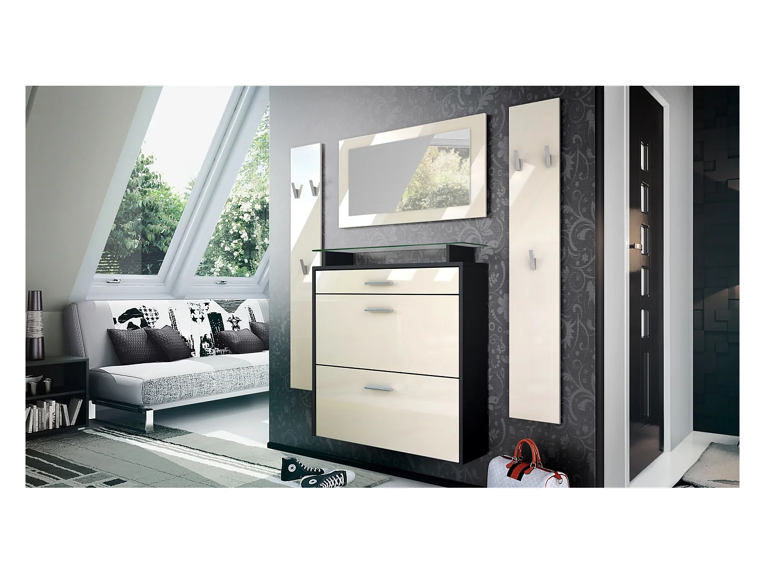 Penderie Malea, Meuble d’entrée comprenant 1 commode à chaussures murale, 1 miroir mural et 2 panneaux porte-manteaux, Noir mat/Crème haute brillance