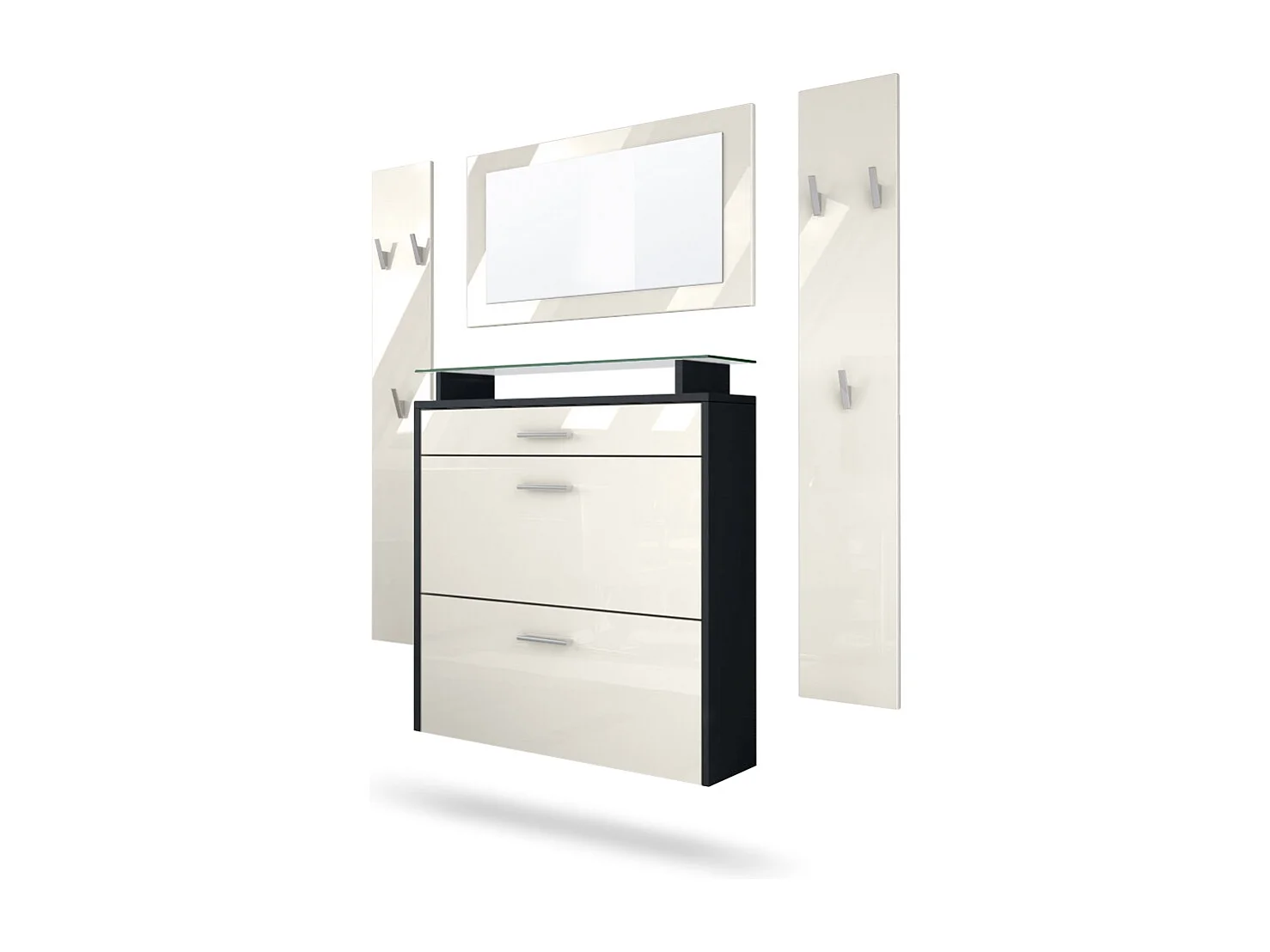 Penderie Malea, Meuble d’entrée comprenant 1 commode à chaussures murale, 1 miroir mural et 2 panneaux porte-manteaux, Noir mat/Crème haute brillance