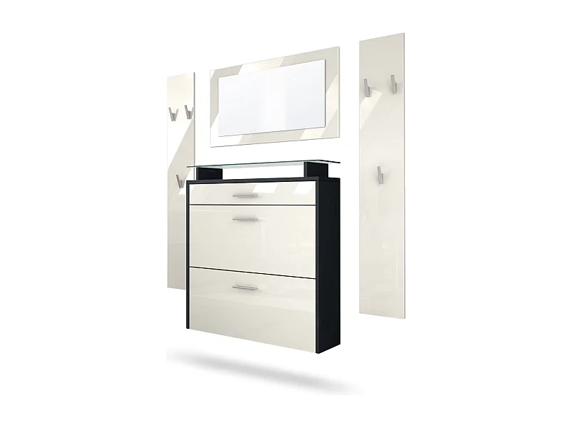 Penderie Malea, Meuble d’entrée comprenant 1 commode à chaussures murale, 1 miroir mural et 2 panneaux porte-manteaux, Noir mat/Crème haute brillance