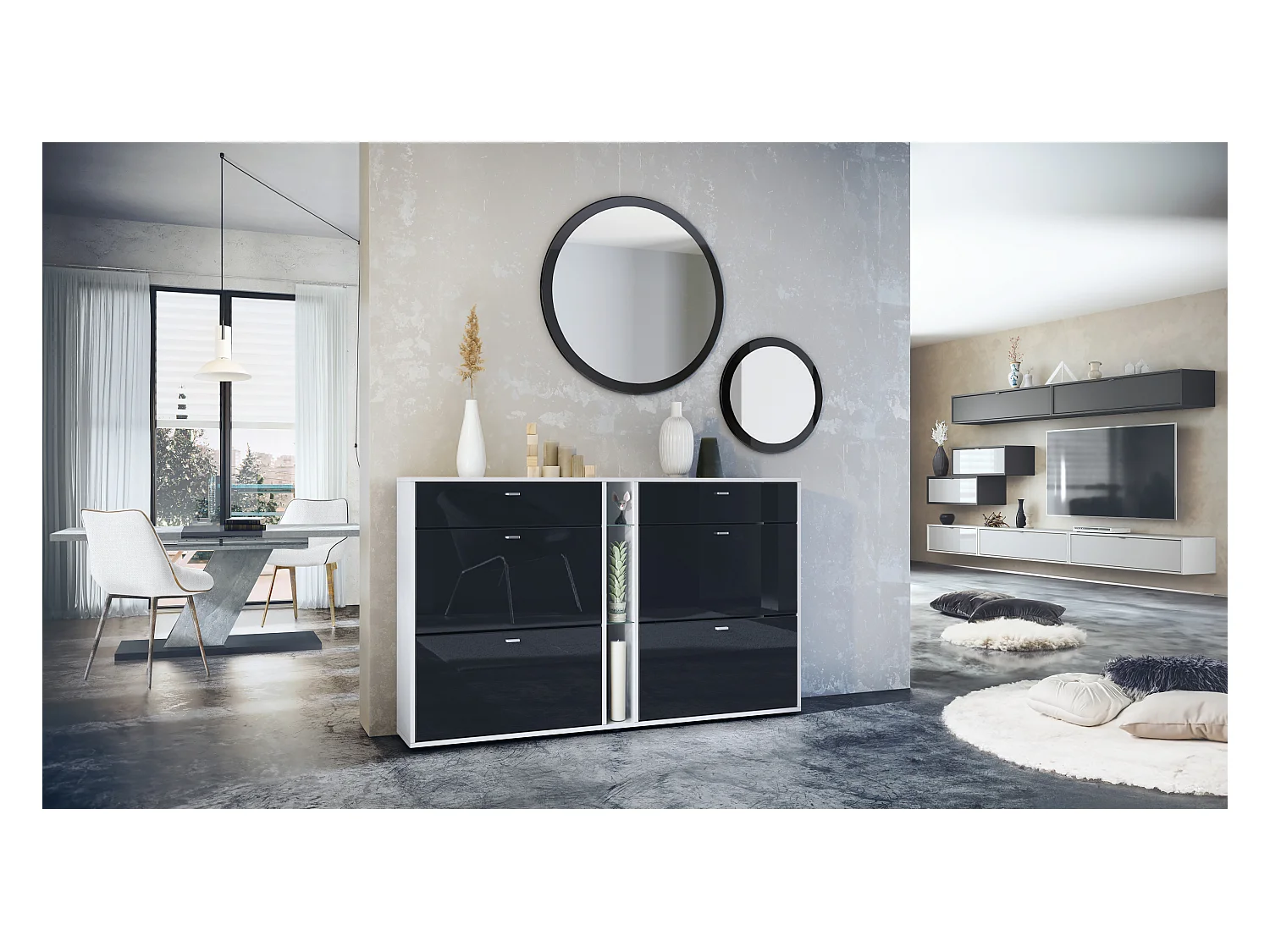 Conjunto de guardarropa Florence con zapatero y 2 espejos de pared, Hecho en ALEMANIA, blanco mate/negro de alto brillo