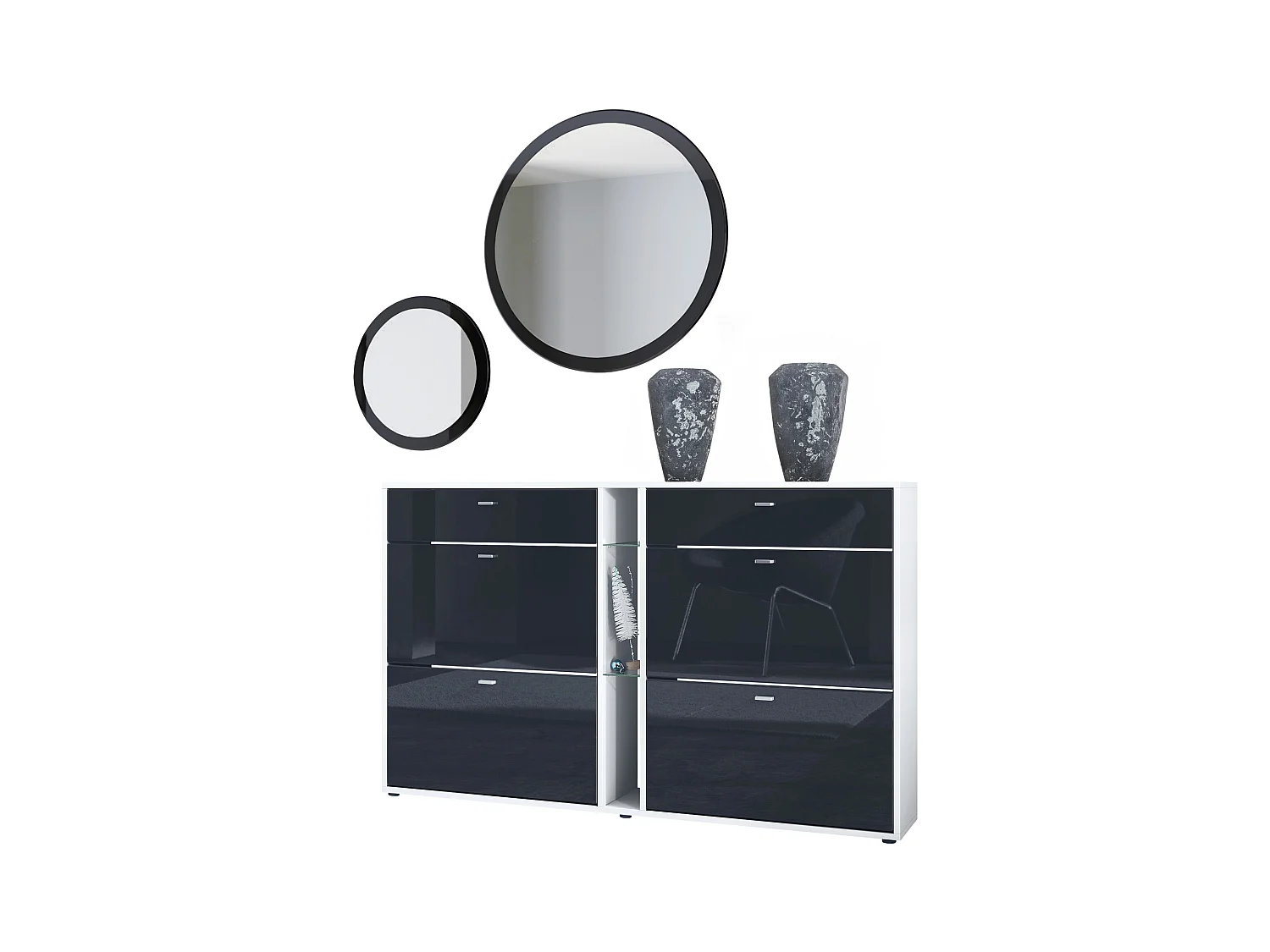 Ensemble de vestiaire Florence avec armoire à chaussures et 2 miroirs muraux, Fabriqué en ALLEMAGNE, blanc mat/noir haute brillance