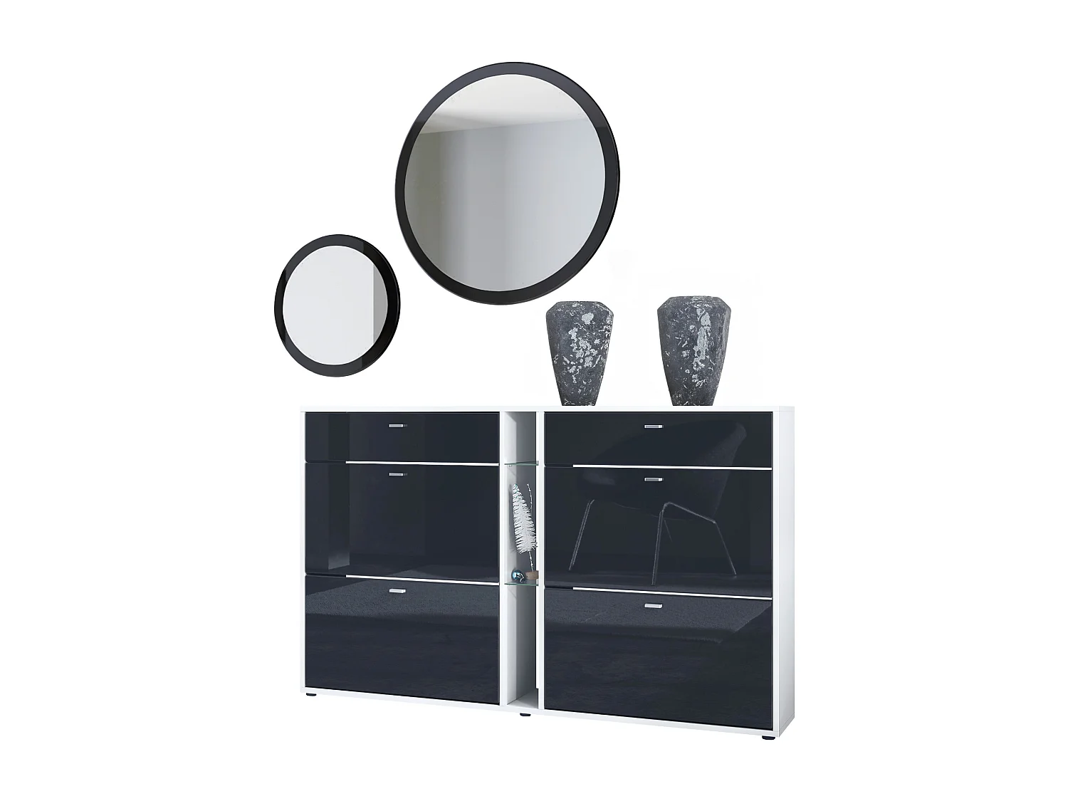 Ensemble de vestiaire Florence avec armoire à chaussures et 2 miroirs muraux, Fabriqué en ALLEMAGNE, blanc mat/noir haute brillance