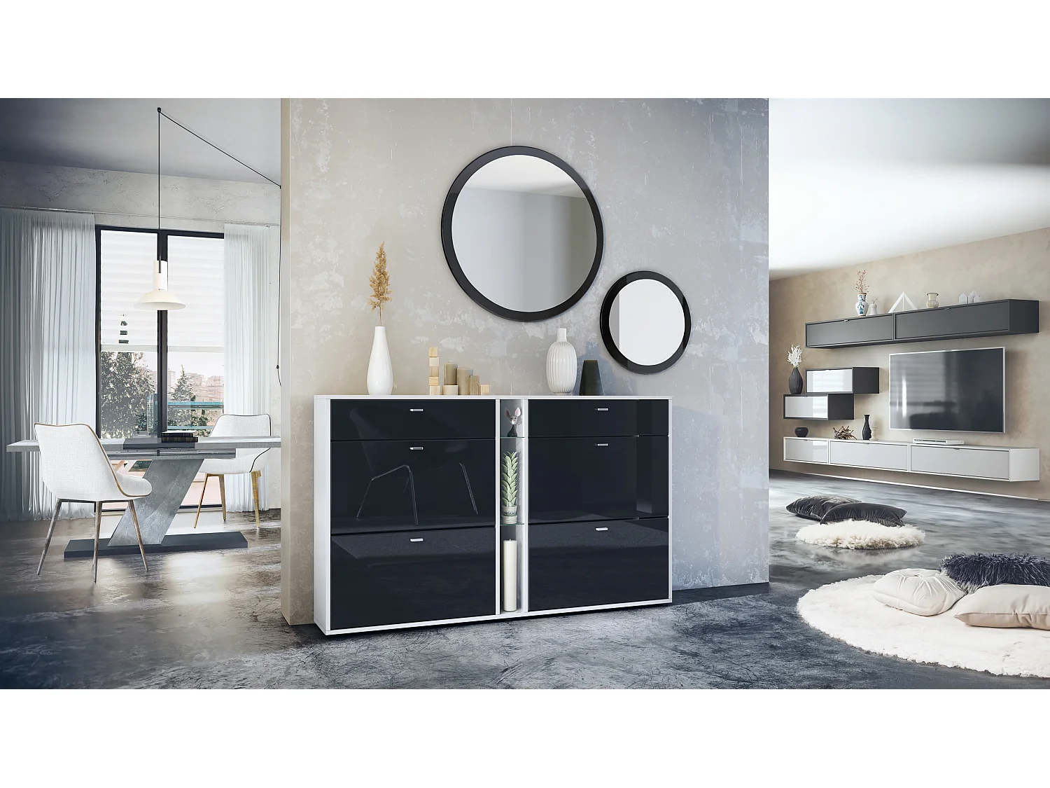 Ensemble de vestiaire Florence avec armoire à chaussures et 2 miroirs muraux, Fabriqué en ALLEMAGNE, blanc mat/noir haute brillance