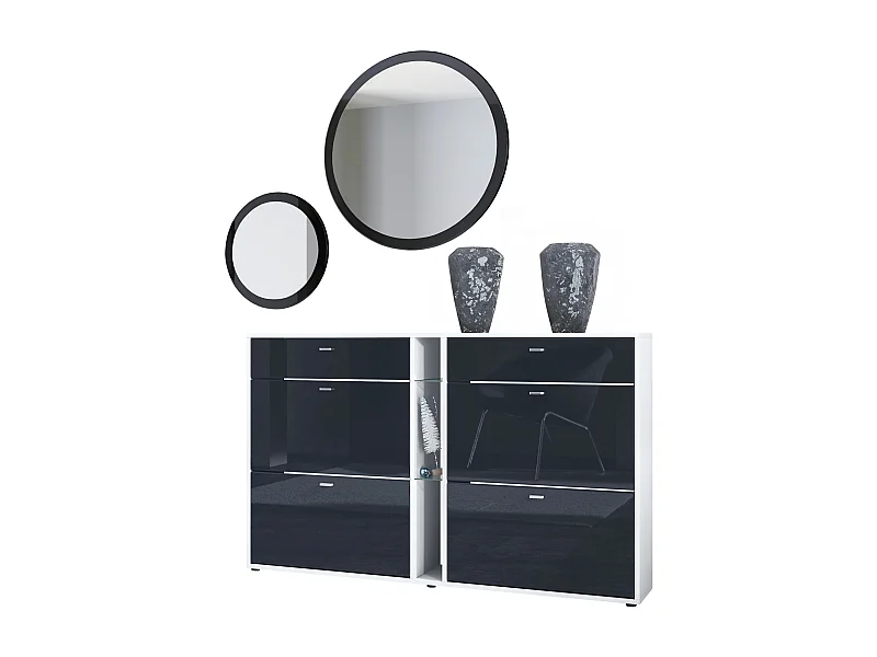 Ensemble de vestiaire Florence avec armoire à chaussures et 2 miroirs muraux, Fabriqué en ALLEMAGNE, blanc mat/noir haute brillance