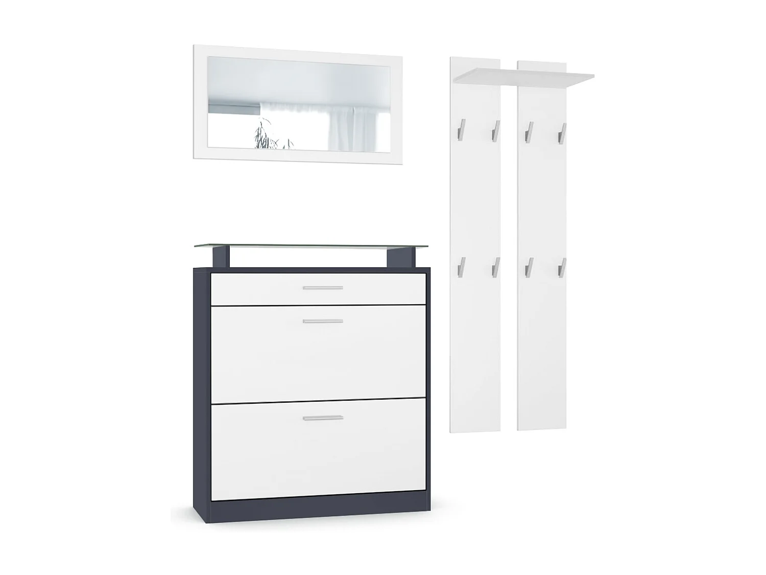 Loret Ensemble penderie, meuble à chaussures 89 x 104 x 23 cm avec miroir, 2 panneaux murales, Anthracite mat & Blanc mat