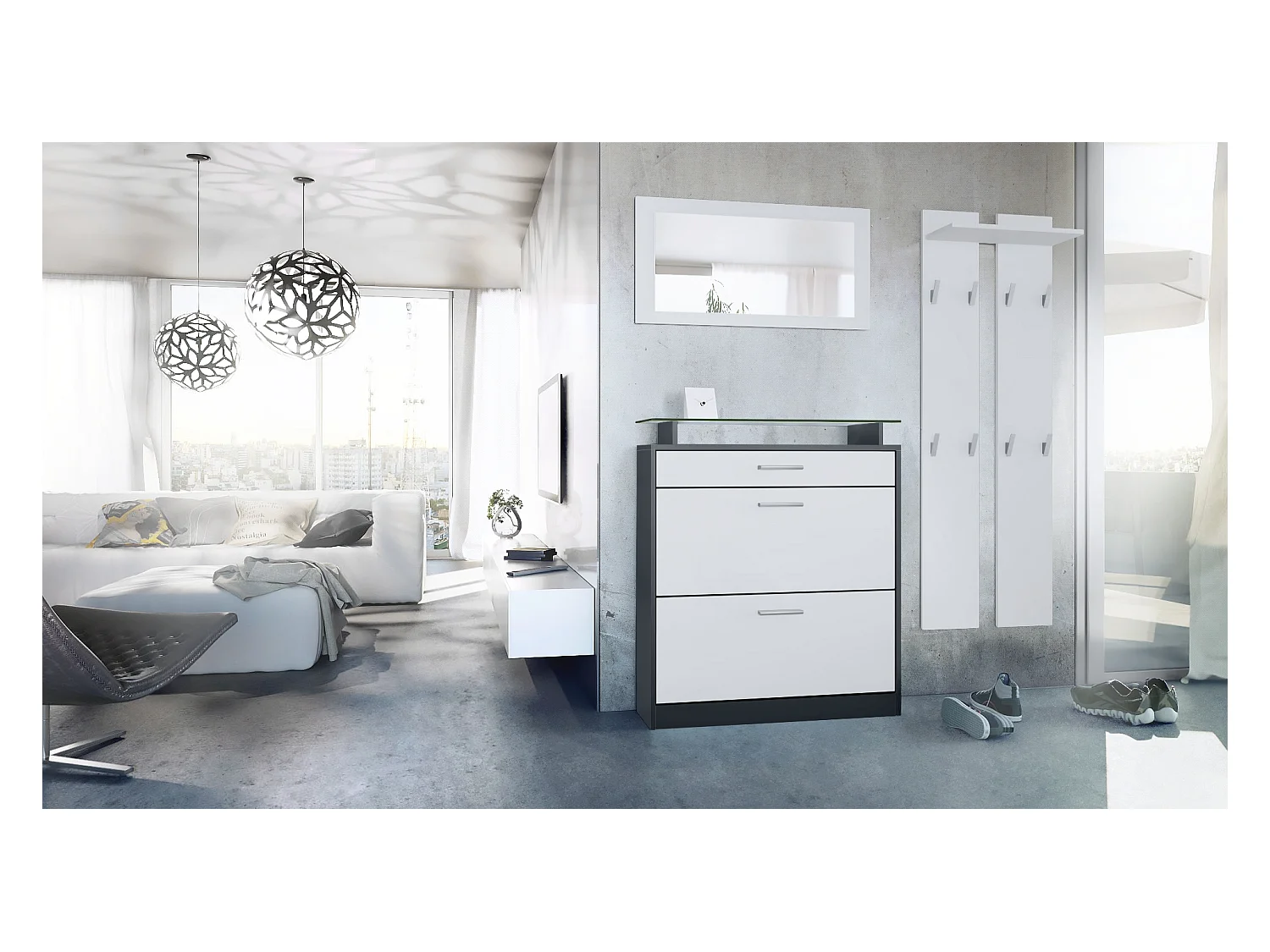 Loret Ensemble penderie, meuble à chaussures 89 x 104 x 23 cm avec miroir, 2 panneaux murales, Anthracite mat & Blanc mat