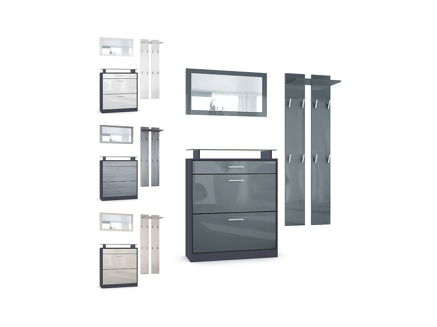 Loret Ensemble penderie, meuble à chaussures 89 x 104 x 23 cm avec miroir, 2 panneaux murales, Anthracite mat & Blanc mat