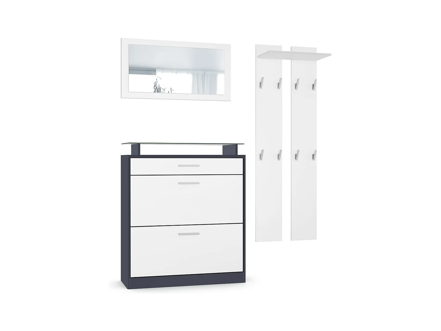 Loret Ensemble penderie, meuble à chaussures 89 x 104 x 23 cm avec miroir, 2 panneaux murales, Anthracite mat & Blanc mat