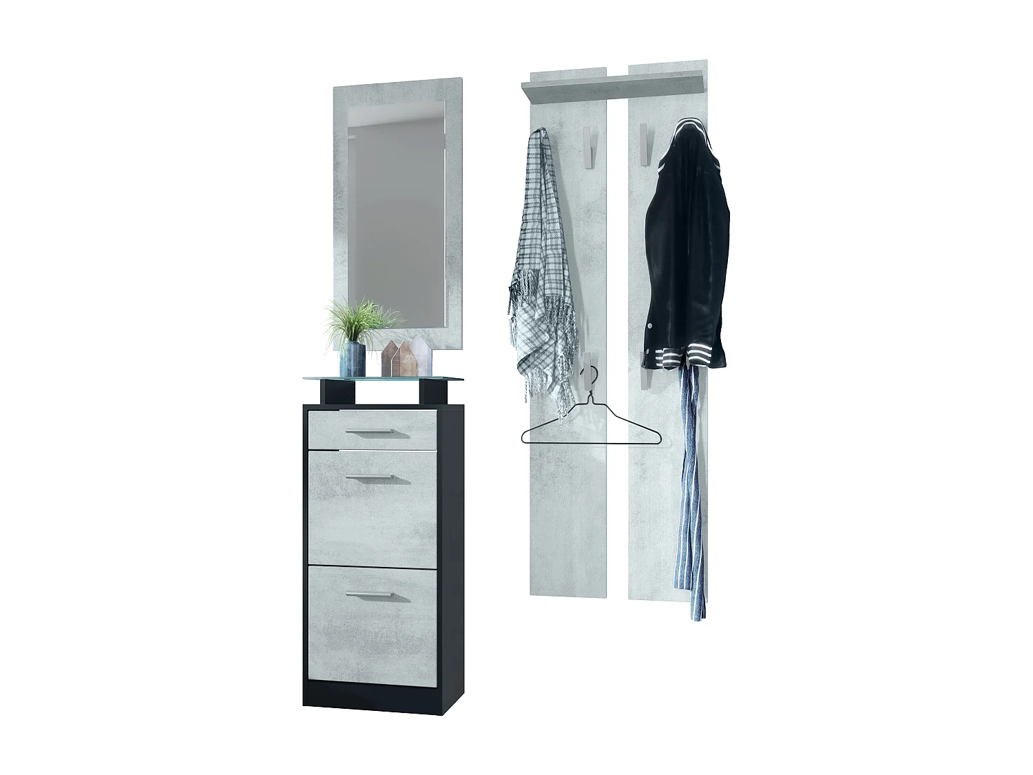 Ensemble de meubles d'entrée Loret V2 Mini, Corps en Noir mat / Façades en Aspect Béton Oxyde