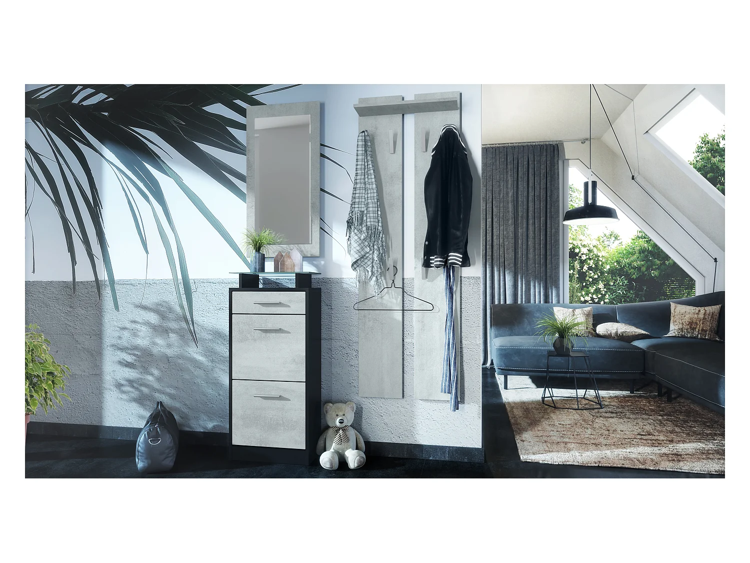 Ensemble de meubles d'entrée Loret V2 Mini, Corps en Noir mat / Façades en Aspect Béton Oxyde