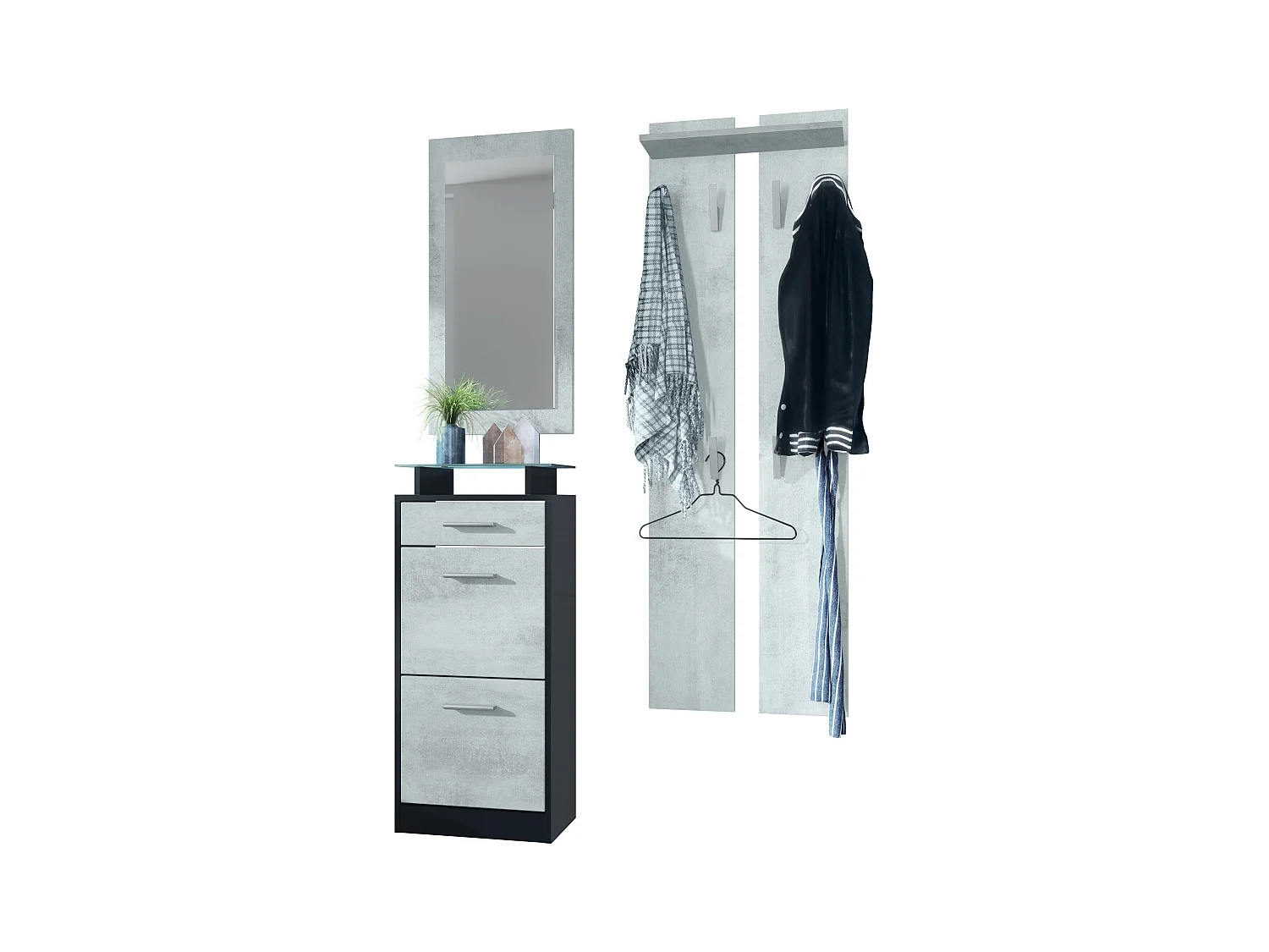 Ensemble de meubles d'entrée Loret V2 Mini, Corps en Noir mat / Façades en Aspect Béton Oxyde