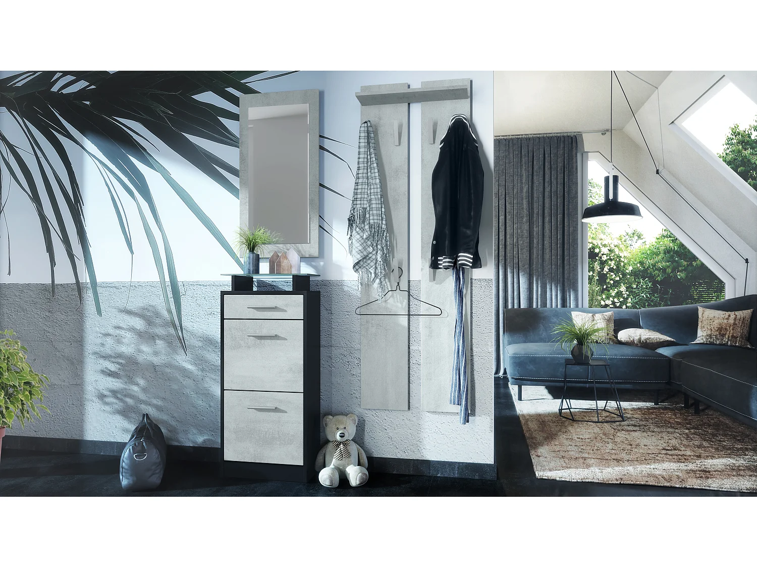 Ensemble de meubles d'entrée Loret V2 Mini, Corps en Noir mat / Façades en Aspect Béton Oxyde