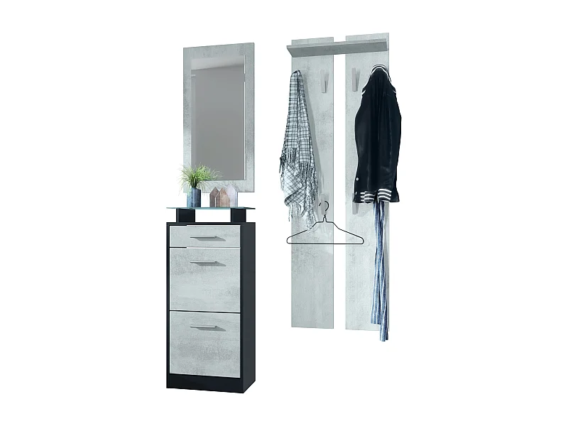 Ensemble de meubles d'entrée Loret V2 Mini, Corps en Noir mat / Façades en Aspect Béton Oxyde