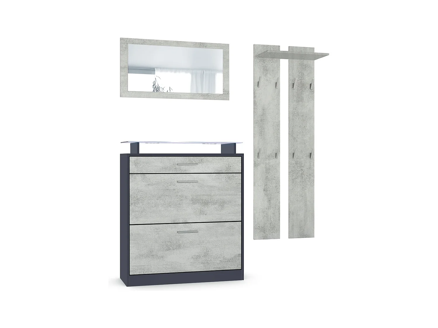 Loret Ensemble penderie, meuble à chaussures 89 x 104 x 23 cm avec miroir, 2 panneaux murales et éclairage LED Blanc, Anthracite mat & Aspect Béton Oxyde