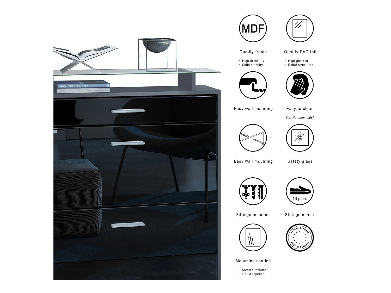 Loret Ensemble penderie, meuble à chaussures 89 x 104 x 23 cm avec miroir, 2 panneaux murales et éclairage LED Blanc, Anthracite mat & Aspect Béton Oxyde