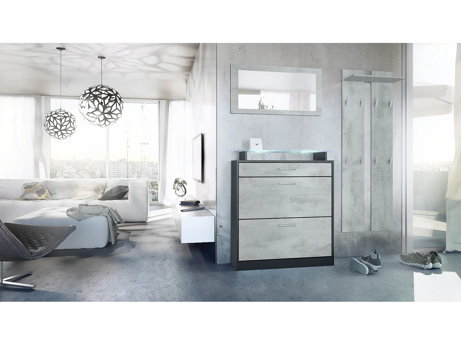 Loret Ensemble penderie, meuble à chaussures 89 x 104 x 23 cm avec miroir, 2 panneaux murales et éclairage LED Blanc, Anthracite mat & Aspect Béton Oxyde