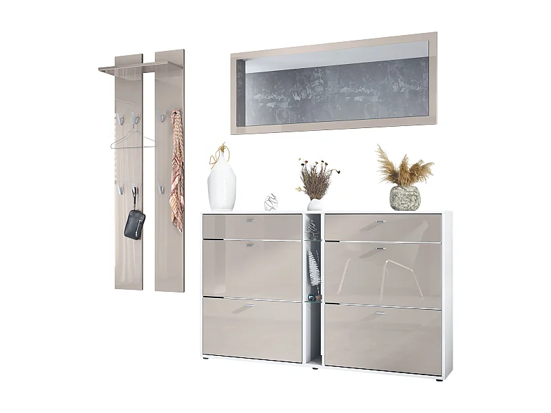 Ensemble vestiaire Orlando avec armoire à chaussures, panneau mural et miroir mural, blanc mat/gris sable haute brillance