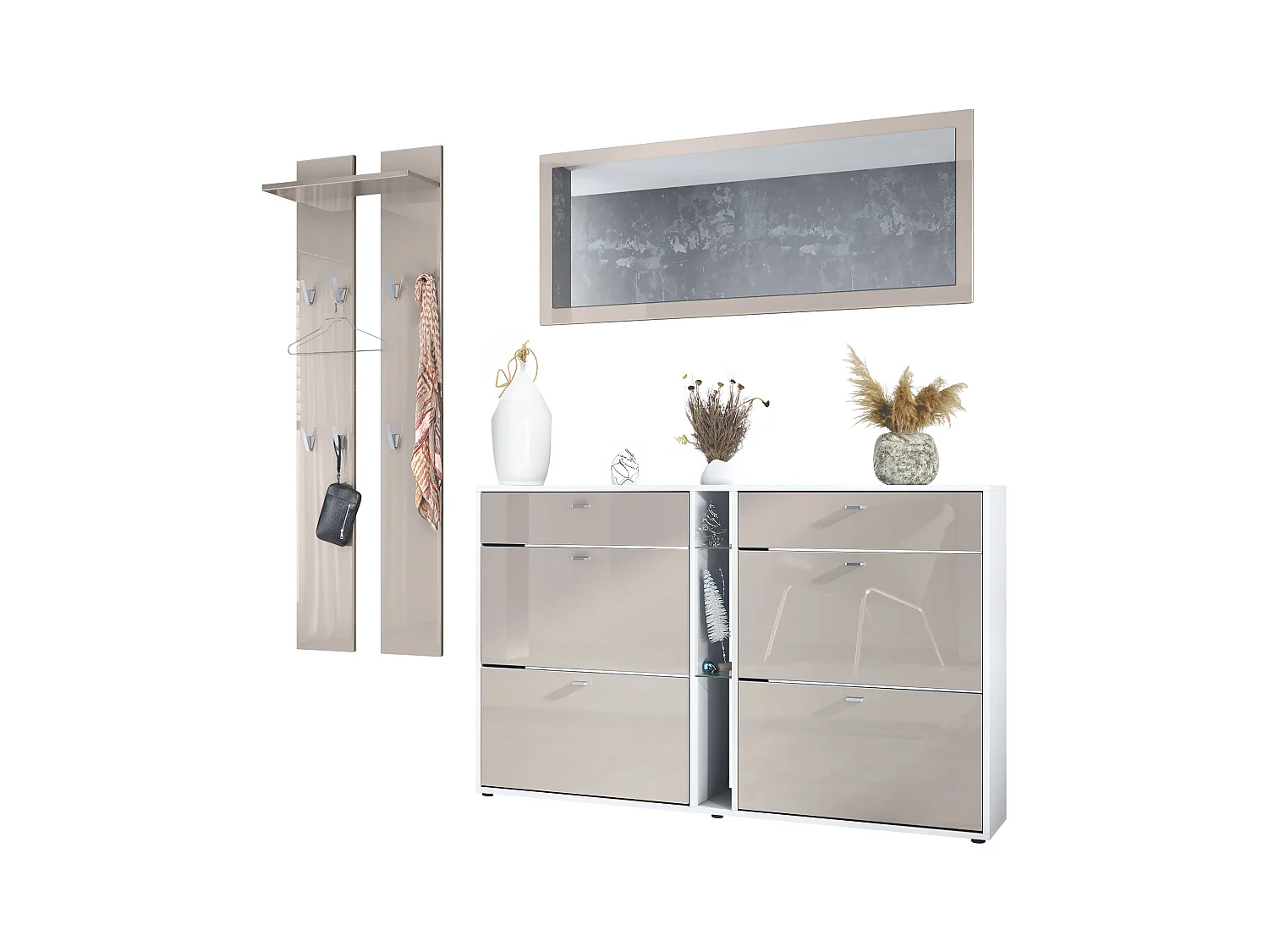 Ensemble vestiaire Orlando avec armoire à chaussures, panneau mural et miroir mural, blanc mat/gris sable haute brillance