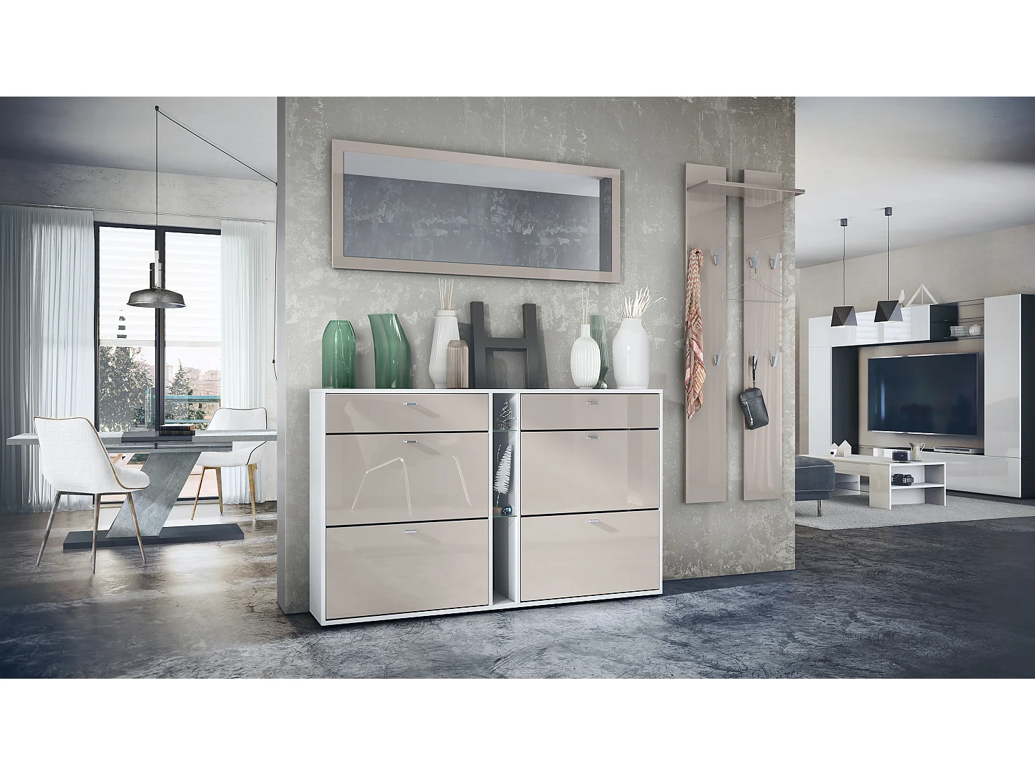 Ensemble vestiaire Orlando avec armoire à chaussures, panneau mural et miroir mural, blanc mat/gris sable haute brillance