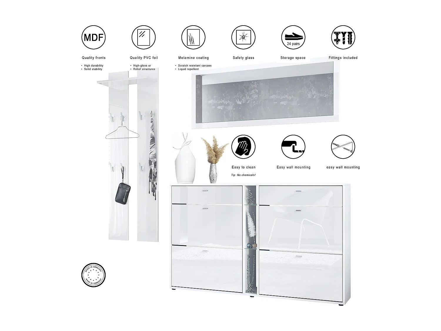 Ensemble vestiaire Orlando avec armoire à chaussures, panneau mural et miroir mural, blanc mat/gris sable haute brillance