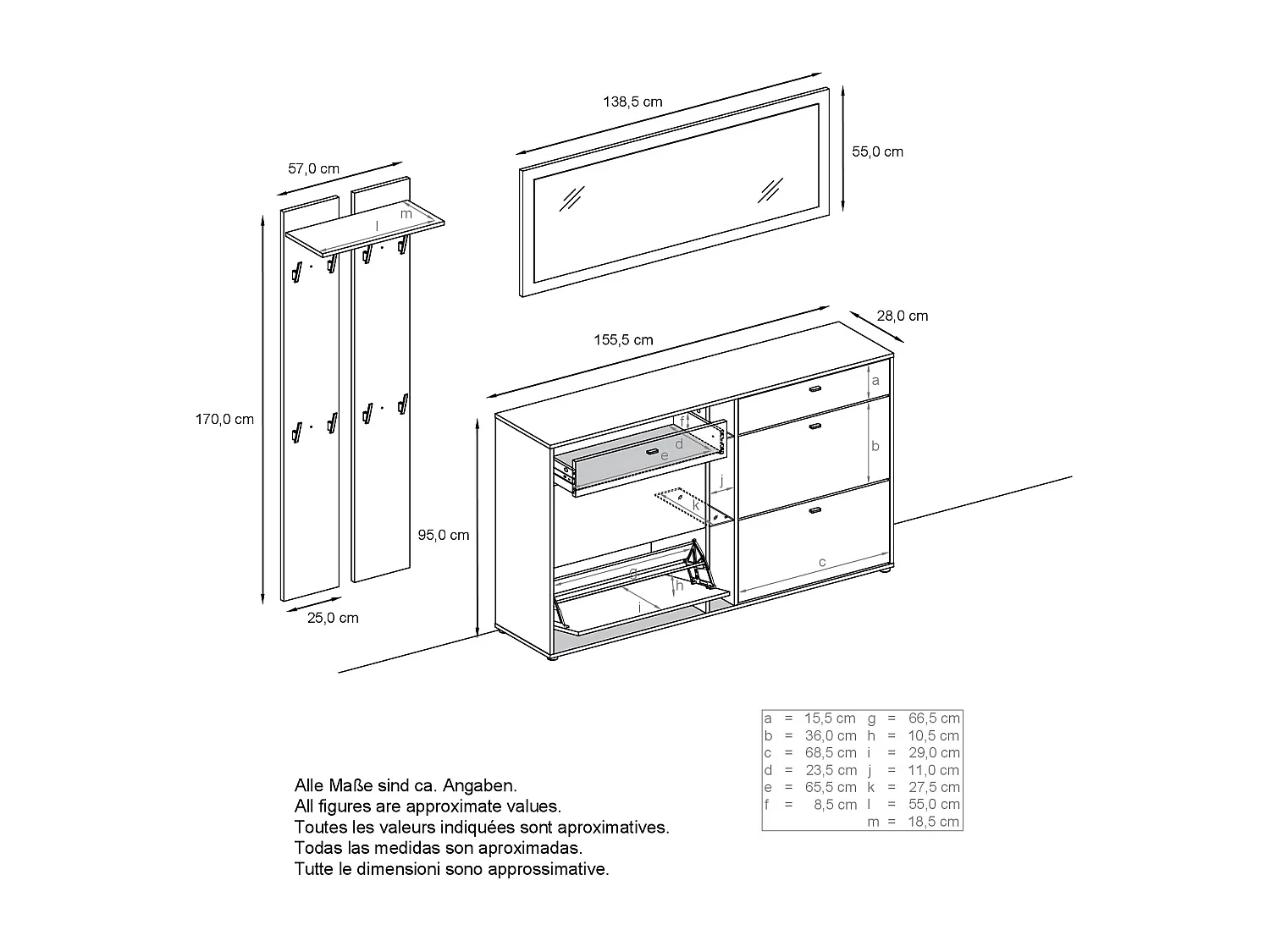 Ensemble vestiaire Orlando avec armoire à chaussures, panneau mural et miroir mural, blanc mat/gris sable haute brillance