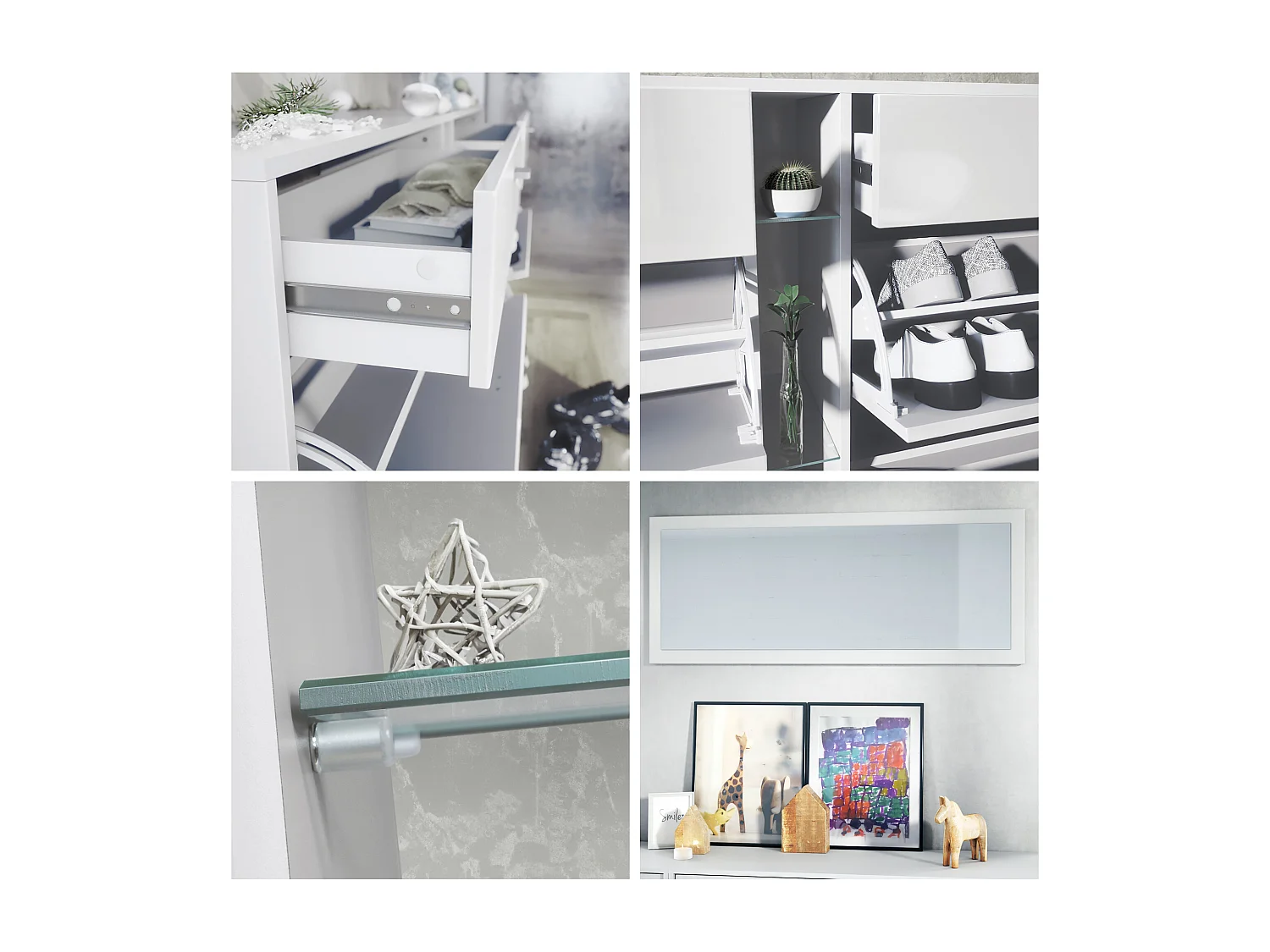 Ensemble vestiaire Orlando avec armoire à chaussures, panneau mural et miroir mural, blanc mat/gris sable haute brillance