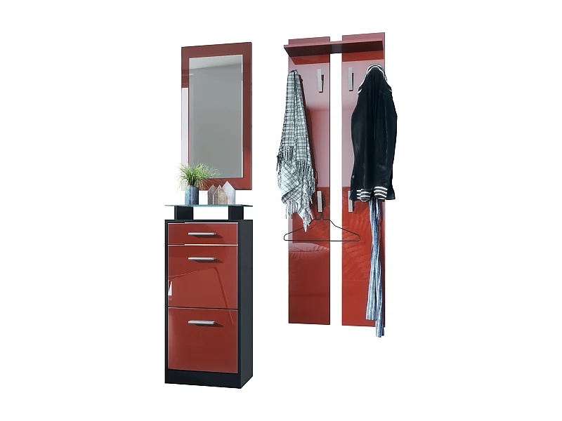 Ensemble de meubles d'entrée Loret V2 Mini, Corps en Noir mat / Façades en Bordeaux haute brillance