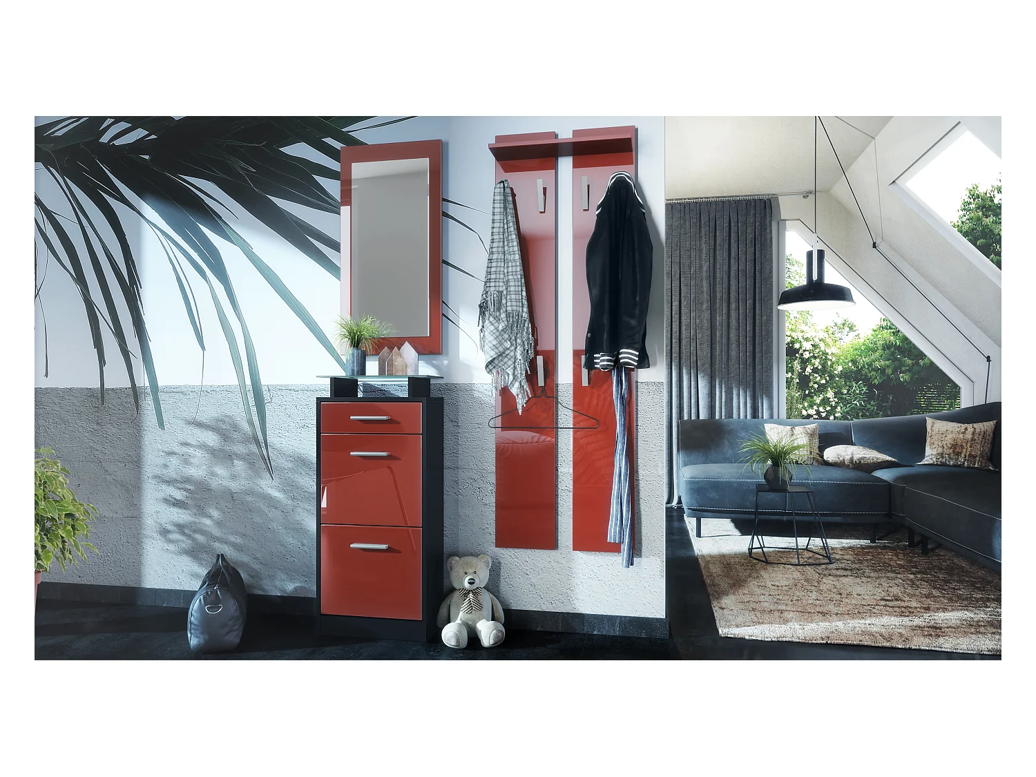Ensemble de meubles d'entrée Loret V2 Mini, Corps en Noir mat / Façades en Bordeaux haute brillance
