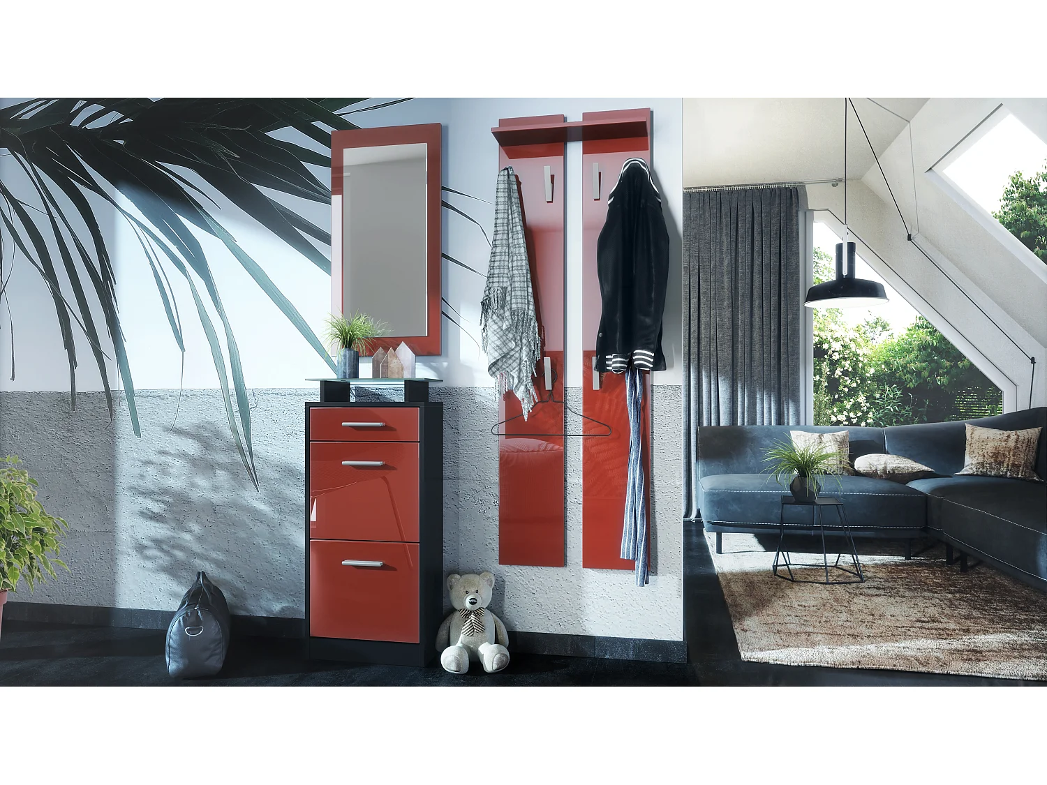 Ensemble de meubles d'entrée Loret V2 Mini, Corps en Noir mat / Façades en Bordeaux haute brillance