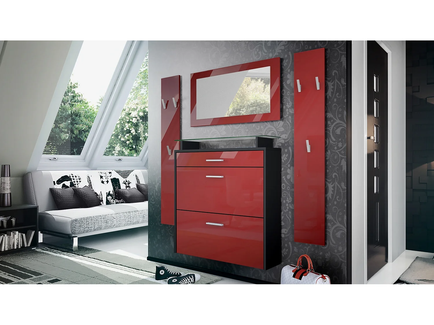 Penderie Malea, Meuble d’entrée comprenant 1 commode à chaussures murale, 1 miroir mural et 2 panneaux porte-manteaux, Noir mat/Bordeaux haute brillance