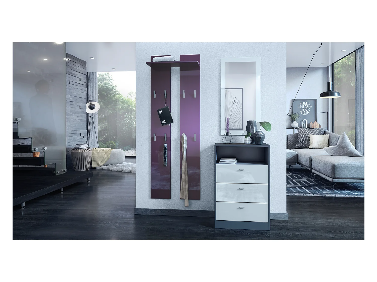 Panneau mural 170, Meuble porte-manteau composé de 2 panneaux et 1 étagère, mûre haute brillance (57 x 170 x 20 cm)