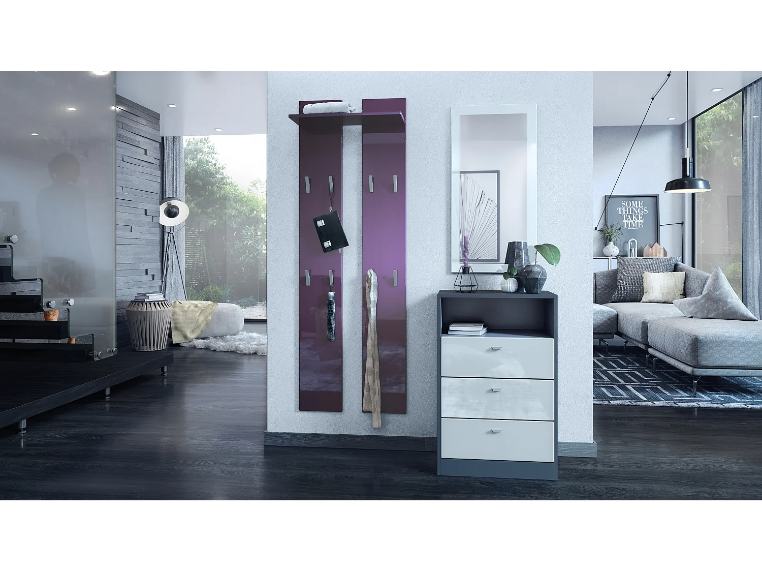 Panneau mural 170, Meuble porte-manteau composé de 2 panneaux et 1 étagère, mûre haute brillance (57 x 170 x 20 cm)