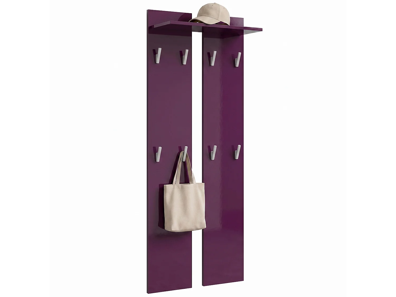 Pannello da parete 170, Pannello appendiabiti con 2 pannelli e 1 ripiano, violetto porpora lucido (57 x 170 x 20 cm)