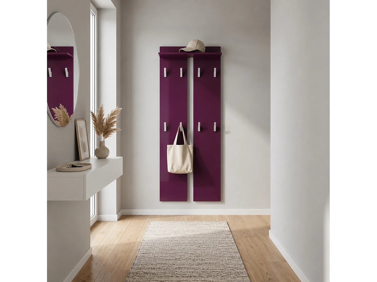 Pannello da parete 170, Pannello appendiabiti con 2 pannelli e 1 ripiano, violetto porpora lucido (57 x 170 x 20 cm)