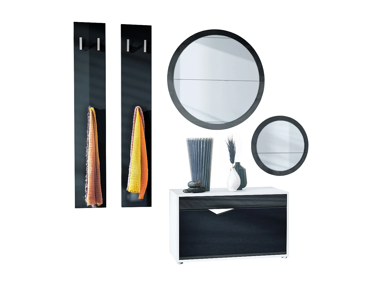 Ensemble de Dressing Espoo, Meuble d'Entrée avec Banc à Chaussures, 2 Panneaux Muraux et 2 Miroirs Muraux Ronds, blanc mat/noir haute brillance