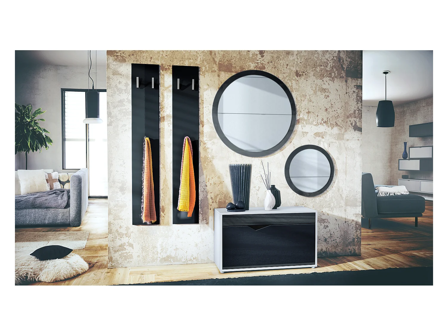 Ensemble de Dressing Espoo, Meuble d'Entrée avec Banc à Chaussures, 2 Panneaux Muraux et 2 Miroirs Muraux Ronds, blanc mat/noir haute brillance