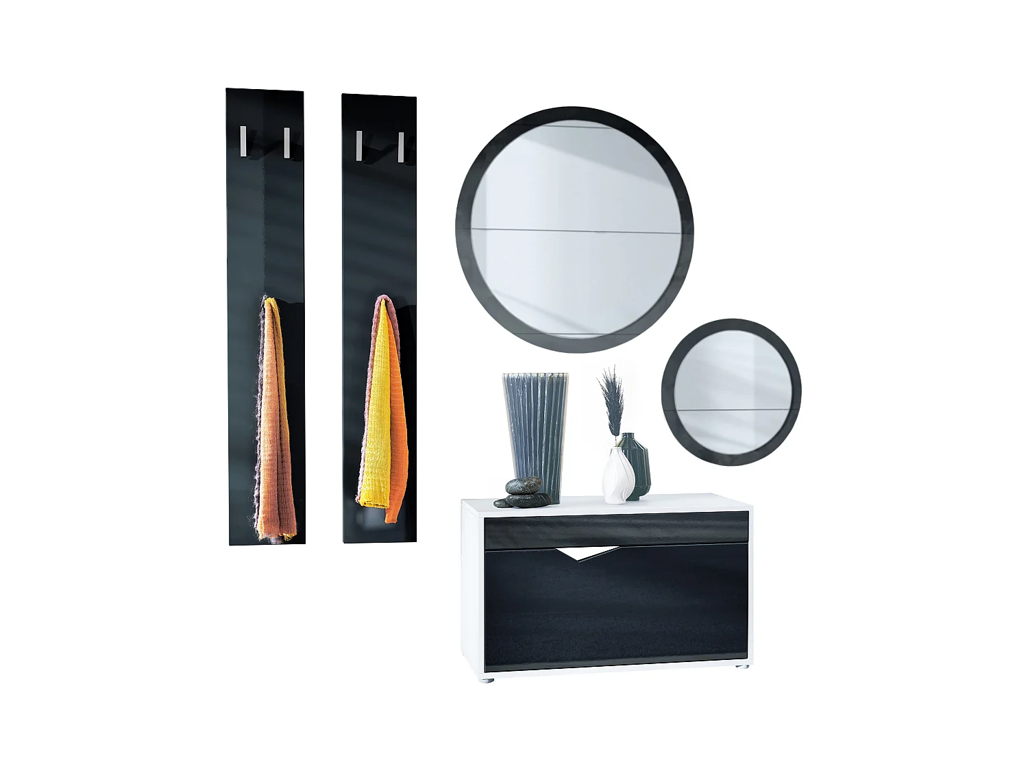 Ensemble de Dressing Espoo, Meuble d'Entrée avec Banc à Chaussures, 2 Panneaux Muraux et 2 Miroirs Muraux Ronds, blanc mat/noir haute brillance