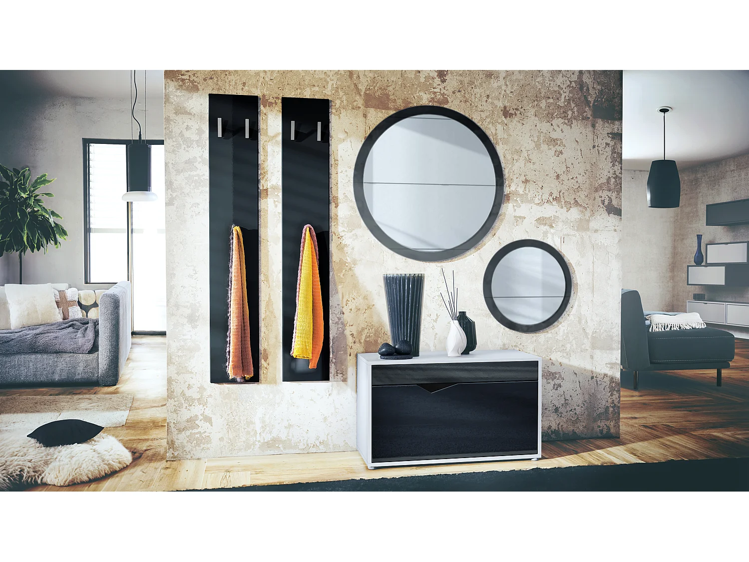 Ensemble de Dressing Espoo, Meuble d'Entrée avec Banc à Chaussures, 2 Panneaux Muraux et 2 Miroirs Muraux Ronds, blanc mat/noir haute brillance