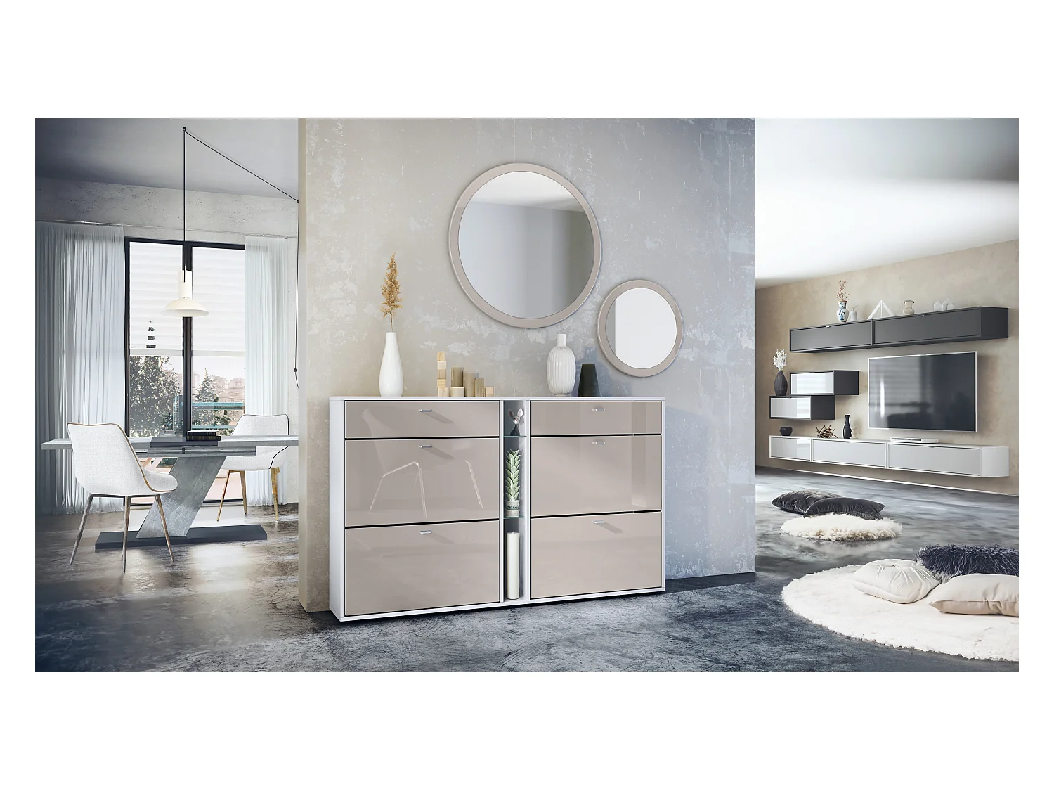 Conjunto de guardarropa Florence con zapatero y 2 espejos de pared, Hecho en ALEMANIA, blanco mate/gris arena de alto brillo