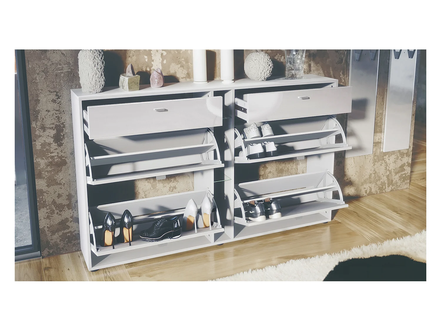 Conjunto de guardarropa Florence con zapatero y 2 espejos de pared, Hecho en ALEMANIA, blanco mate/gris arena de alto brillo