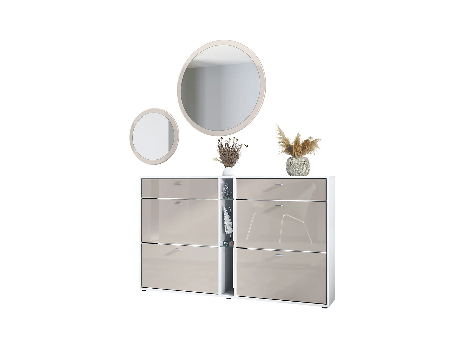 Ensemble de vestiaire Florence avec armoire à chaussures et 2 miroirs muraux, Fabriqué en ALLEMAGNE, blanc mat/gris sable haute brillance