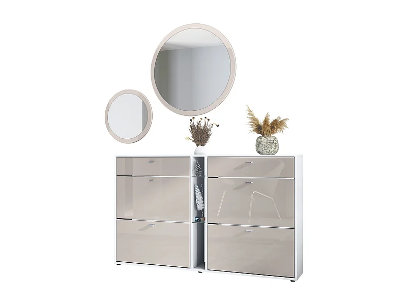 Ensemble de vestiaire Florence avec armoire à chaussures et 2 miroirs muraux, Fabriqué en ALLEMAGNE, blanc mat/gris sable haute brillance