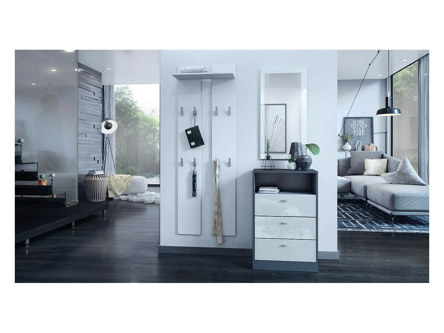 Panneau mural 170, Meuble porte-manteau composé de 2 panneaux et 1 étagère, blanc mat (57 x 170 x 20 cm)