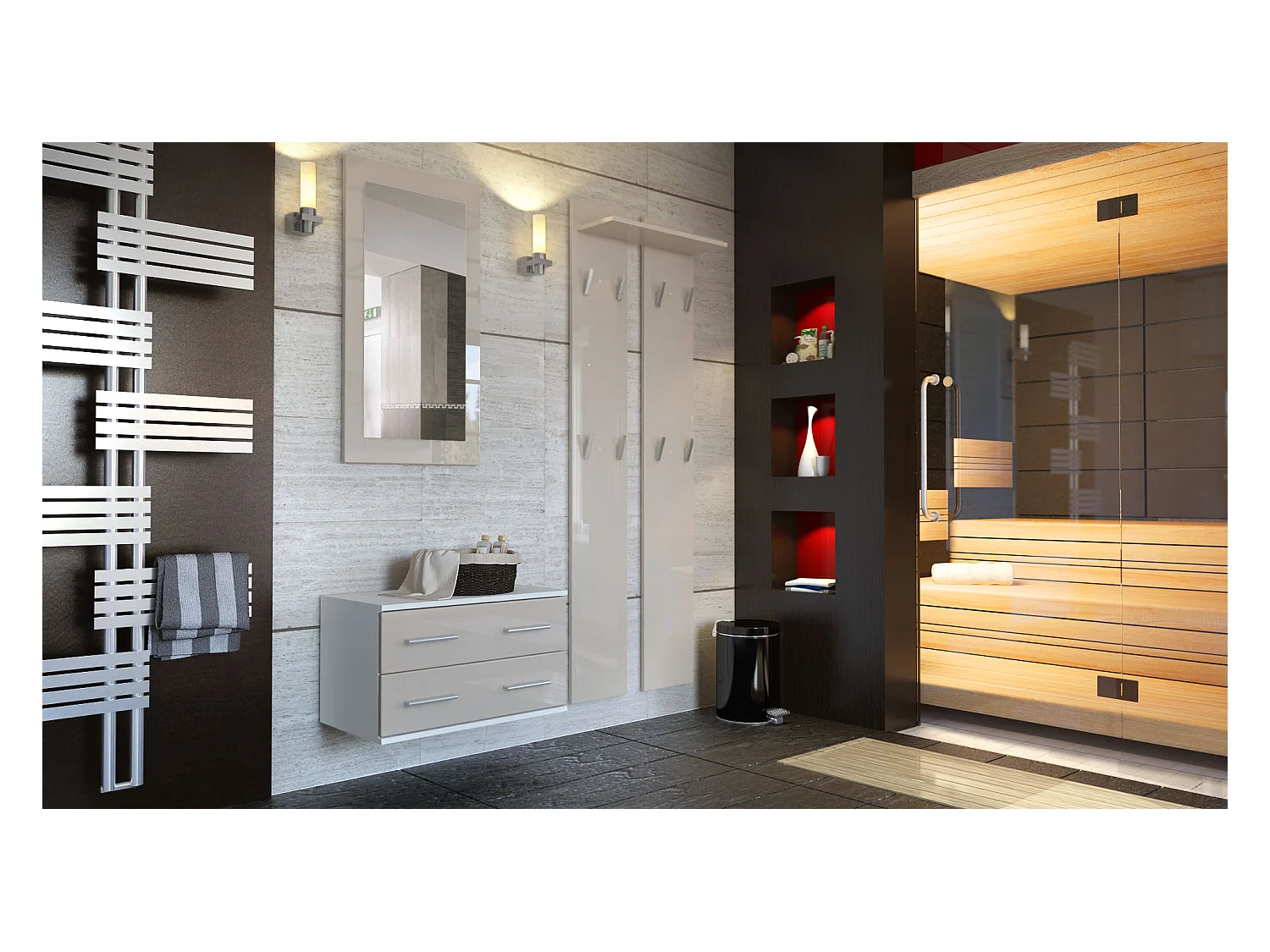 Conjunto de armario Kioto, Carcasa en blanco mate / Frente en gris arena alto brillo