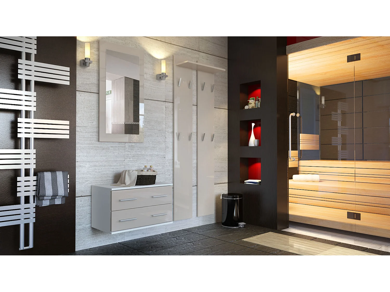 GARDEROBE Kioto Front in Sandgrau Hochglanz